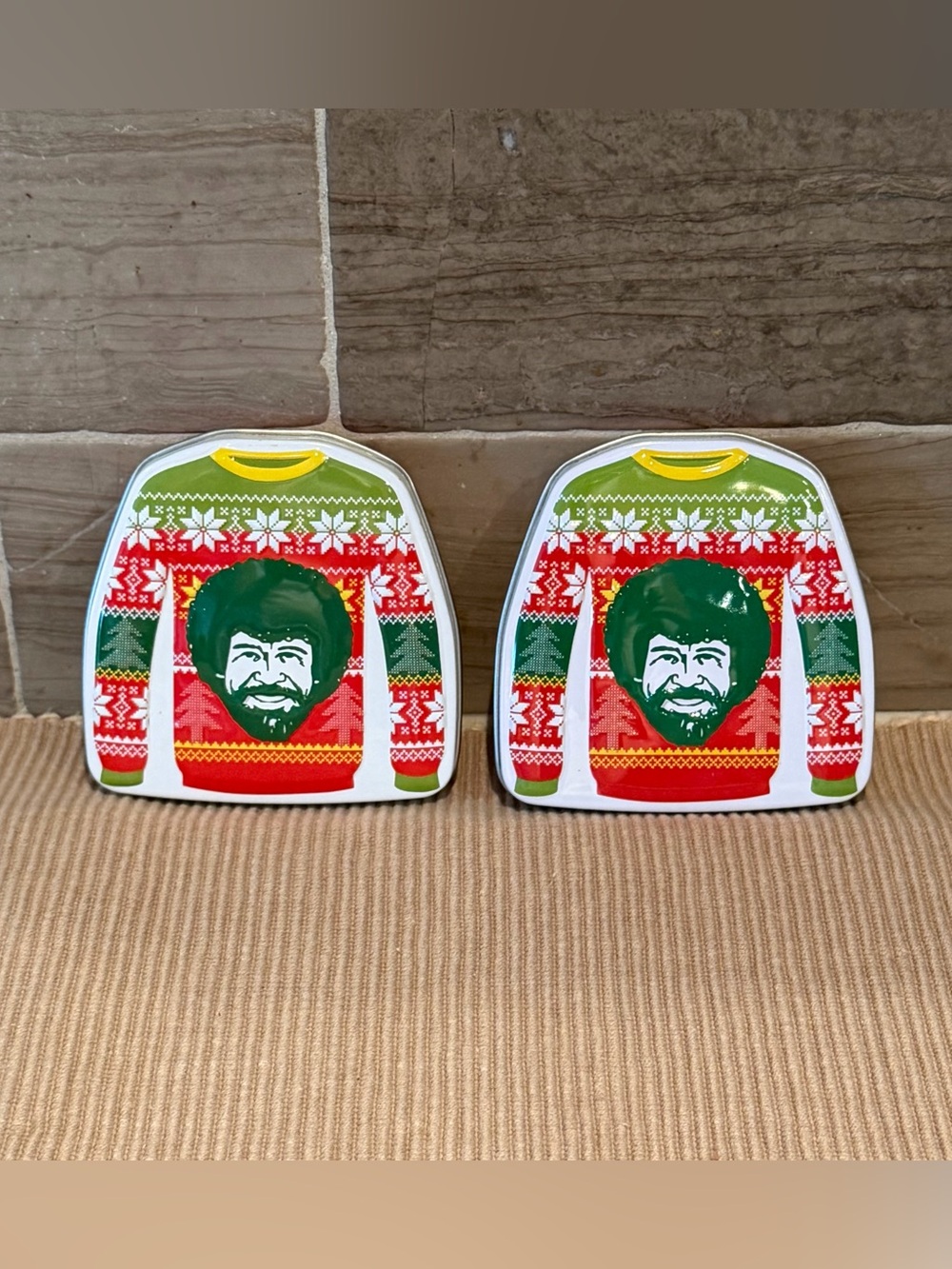 Lot of 2 Bob Ross Ugly Christmas Sweater Candy Tins Merry Happy Trees Empty